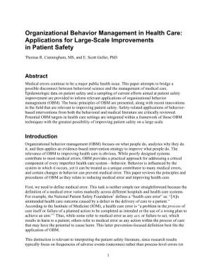 Organizational Behavior Management in Health Care: Applications for Large-Scale Improvements in Patient Safety