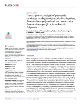 Transcriptomic Analysis of Polyketide Synthases in a Highly Ciguatoxic Dinoflagellate, Gambierdiscus Polynesiensis and Low Toxic