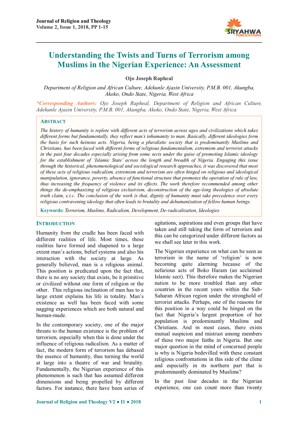 Understanding the Twists and Turns of Terrorism Among Muslims in the Nigerian Experience: an Assessment