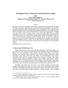 PEMIKIRAN DAN TINDAKAN POLITIK HASAN TIRO Oleh: Abrar Muhammad Yus Mahasiswa Program Pascasarjana UIN Ar-Raniry Banda Aceh E-Mail: Bangbai85@Gmail.Com