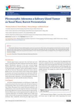 Pleomorphic Adenoma a Salivary Gland Tumor As Nasal Mass; Rarest Presentation