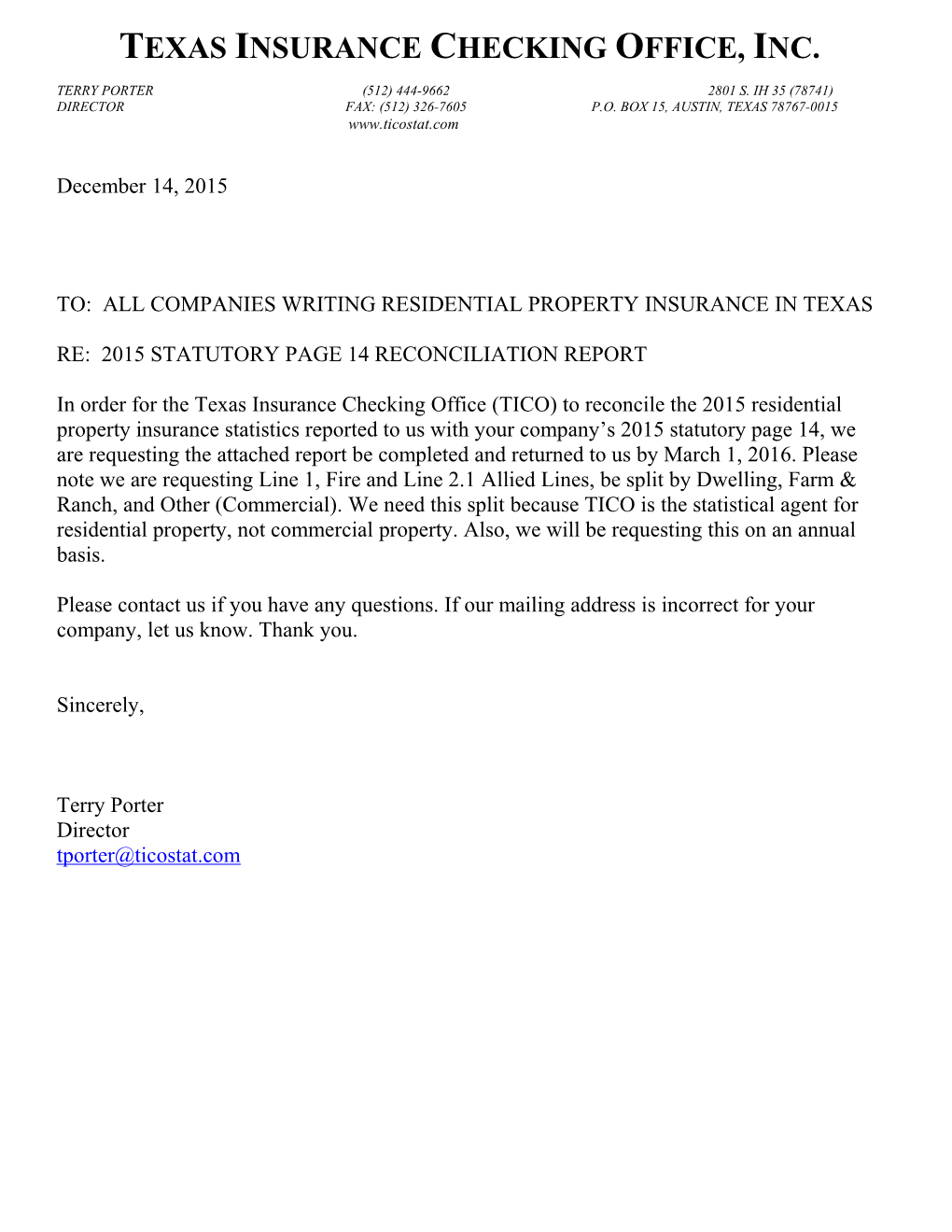 To: All Companies Writing Residential Property Insurance in Texas