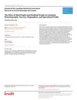 The Place of Mad People and Disabled People in Canadian Historiography: Surveys, Biographies, and Specialized Fields Geoffrey Reaume