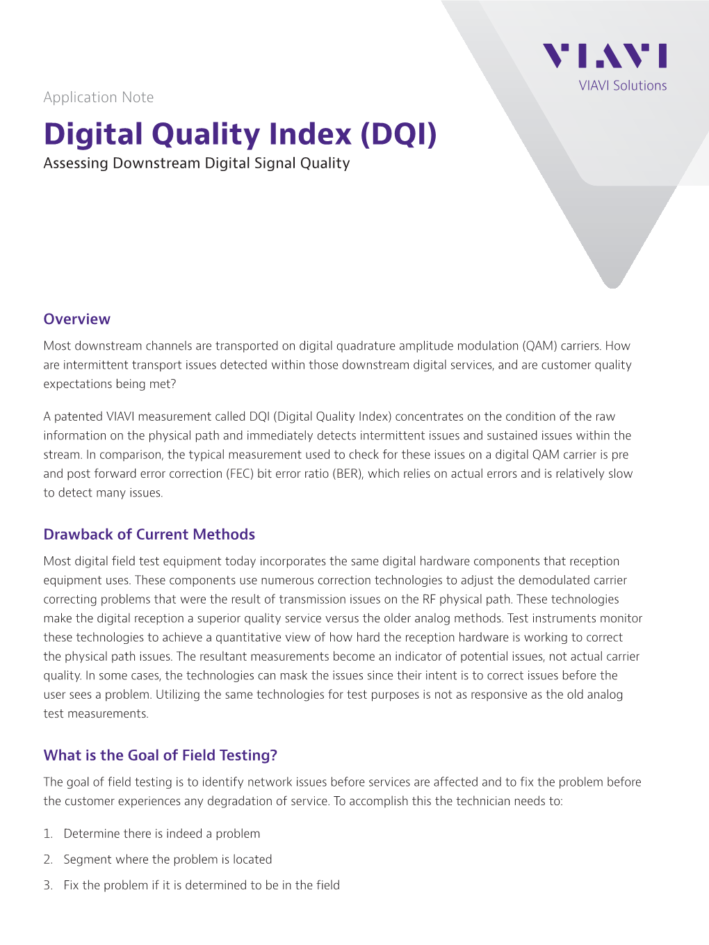 Digital Quality Index (DQI) Assessing Downstream Digital Signal Quality