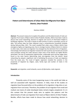Pattern and Determinants of Urban Male Out-Migrants from Bijnor District, Uttar Pradesh