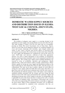 Domestic Water Supply Sources and Distribution Issues in Ilesha West Local Council, Osun State, Nigeria