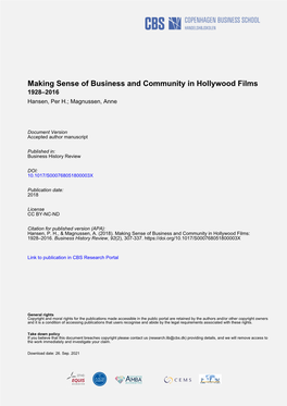 Making Sense of Business and Community in Hollywood Films 1928–2016 Hansen, Per H.; Magnussen, Anne