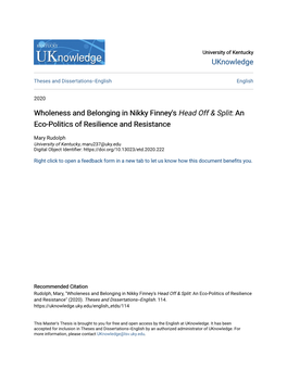 Wholeness and Belonging in Nikky Finney's Head Off & Split: an Eco-Politics of Resilience and Resistance