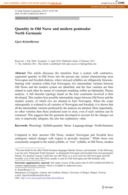 Quantity in Old Norse and Modern Peninsular North Germanic