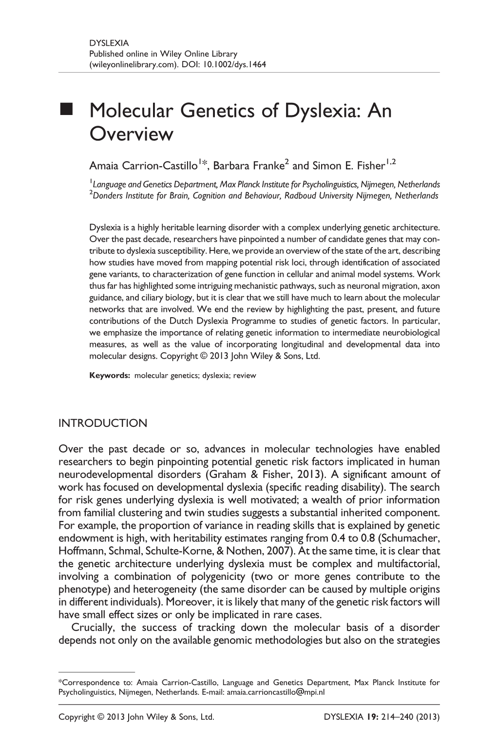 Molecular Genetics of Dyslexia: an Overview