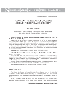 Flora of the Island of Obonjan ([Ibenik Archipelago, Croatia)