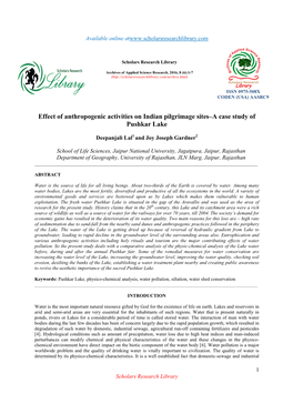 A Case Study of Pushkar Lake