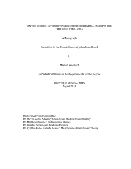 On the Record: Interpreting Recorded Orchestral Excerpts for the Oboe, 1910 – 2016