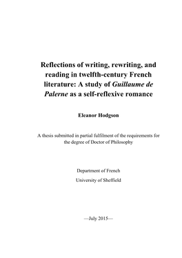 A Study of Guillaume De Palerne As a Self-Reflexive Romance