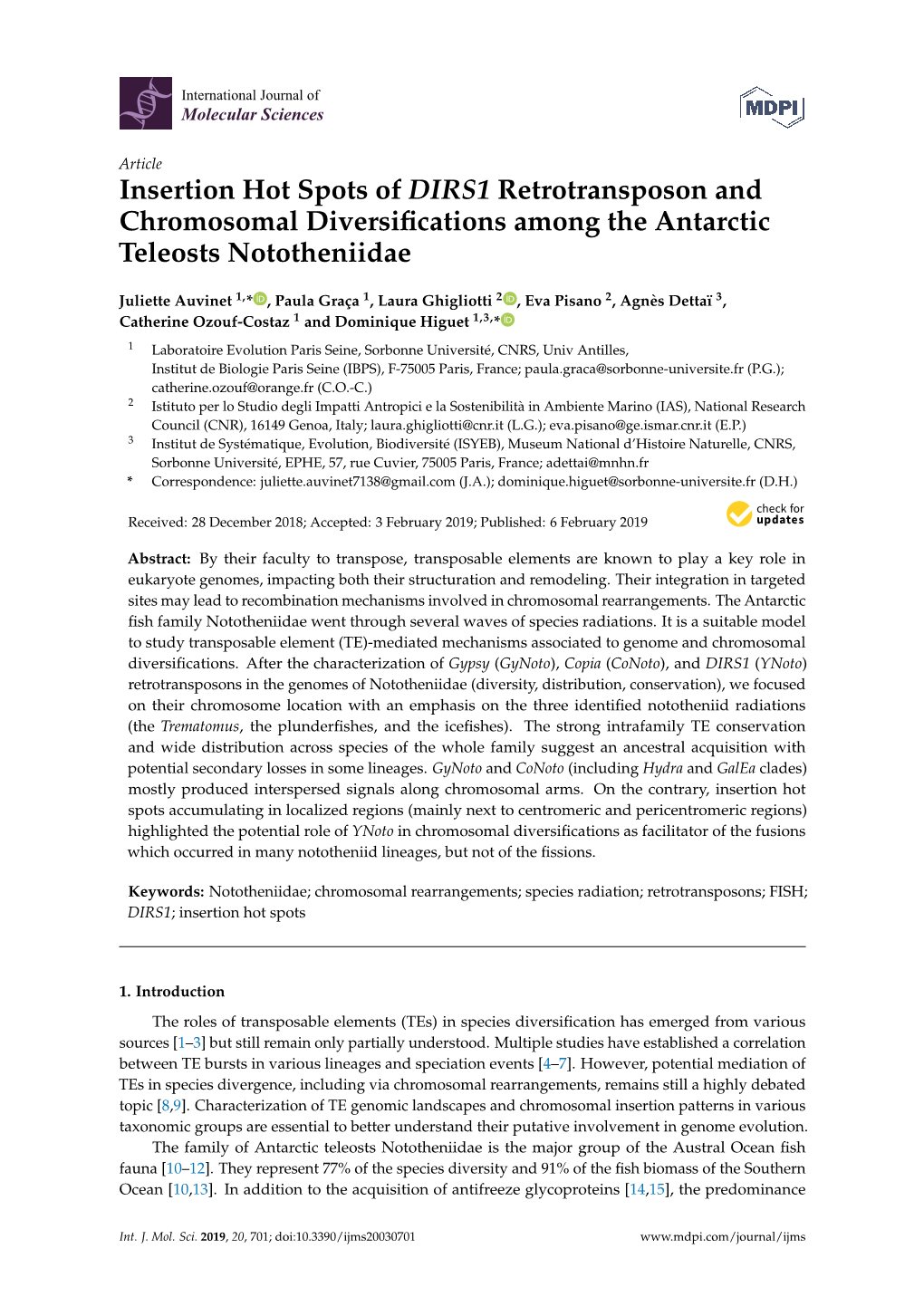 Insertion Hot Spots of DIRS1 Retrotransposon and Chromosomal Diversiﬁcations Among the Antarctic Teleosts Nototheniidae