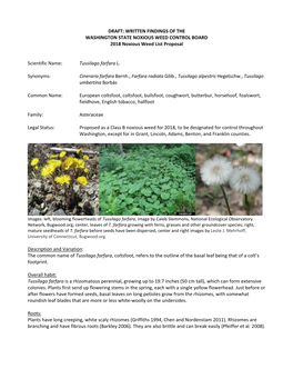 WRITTEN FINDINGS of the WASHINGTON STATE NOXIOUS WEED CONTROL BOARD 2018 Noxious Weed List Proposal