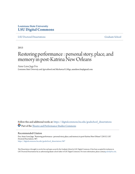 Restoring Performance : Personal Story, Place, and Memory in Post-Katrina New Orleans
