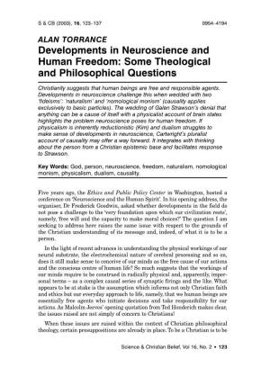 Developments in Neuroscience and Human Freedom: Some Theological and Philosophical Questions