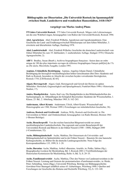 Bibliographie Zur Dissertation „Die Universität Rostock Im Spannungsfeld Zwischen Stadt, Landesherrn Und Wendischen Hansestädten, 1418-1563“