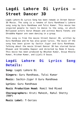 Lagdi Lahore Di Lyrics &#8211; Street Dancer 3D