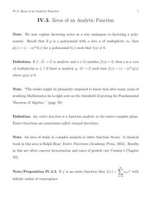 IV.3. Zeros of an Analytic Function 1 IV.3