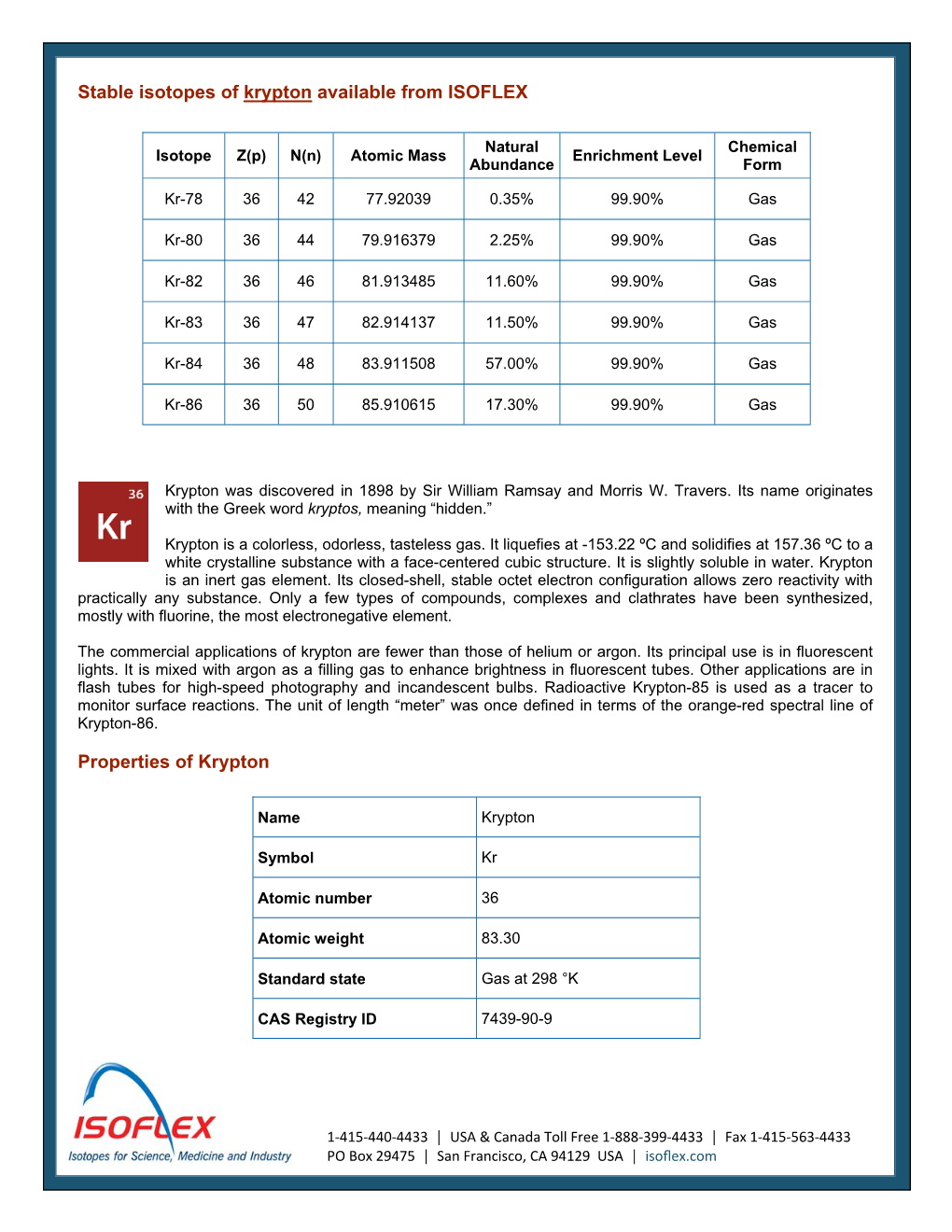 Stable Isotopes of Krypton Available from ISOFLEX Properties of Krypton