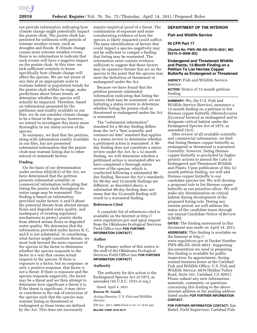 Federal Register/Vol. 76, No. 72/Thursday, April 14, 2011/Proposed Rules