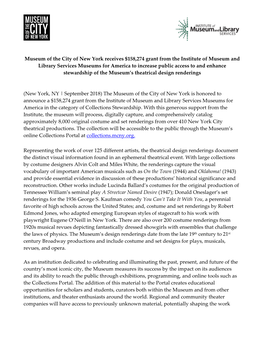 Museum of the City of New York Receives $158,274 Grant from The