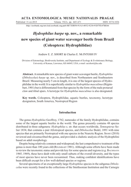 Hydrophilus Harpe Sp. Nov., a Remarkable New Species of Giant Water Scavenger Beetle from Brazil (Coleoptera: Hydrophilidae)