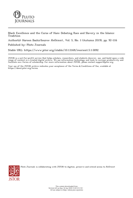 Black Excellence and the Curse of Ham: Debating Race and Slavery in the Islamic Tradition Author(S): Haroon Bashirsource: Reorient , Vol