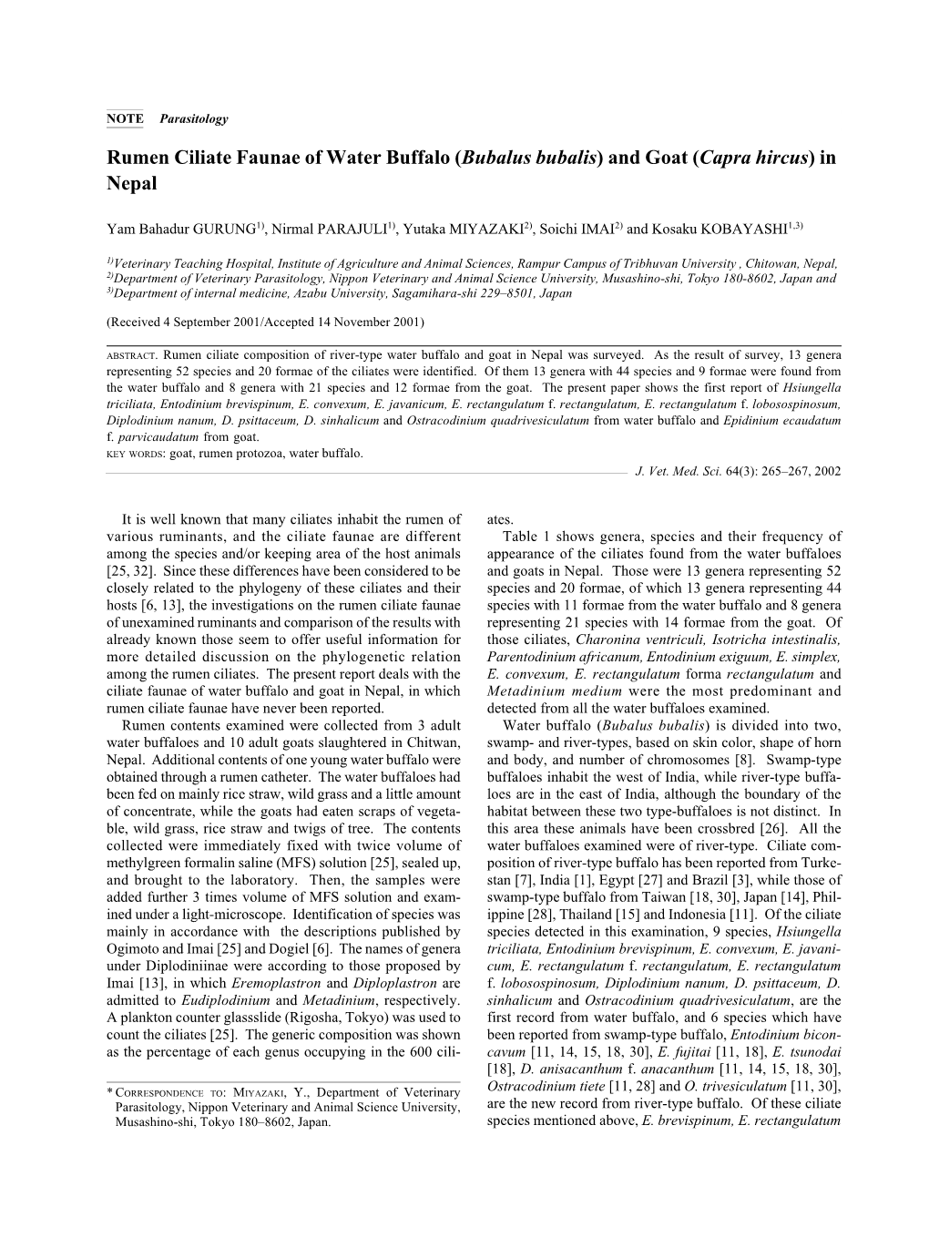 Rumen Ciliate Faunae of Water Buffalo (Bubalus Bubalis) and Goat (Capra Hircus) in Nepal