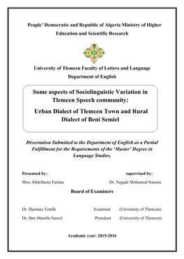 Some Aspects of Sociolinguistic Variation in Tlemcen Speech