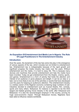 An Exposition of Entertainment and Media Law in Nigeria: the Role of Legal Practitioners in the Entertainment Industry