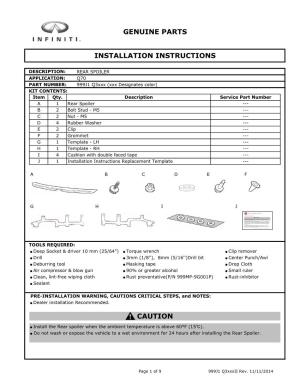 Genuine Parts Installation Instructions Caution