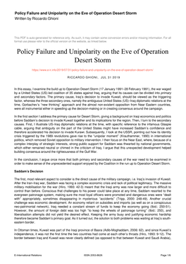 Policy Failure and Unipolarity on the Eve of Operation Desert Storm Written by Riccardo Ghioni