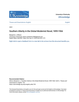 Southern Alterity in the Global Modernist Novel, 1899-1966