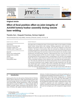 Effect of Focal Position Offset on Joint Integrity of AA1050 Battery Busbar Assembly During Remote Laser Welding