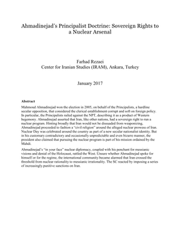 Ahmadinejad's Principalist Doctrine: Sovereign Rights to a Nuclear Arsenal