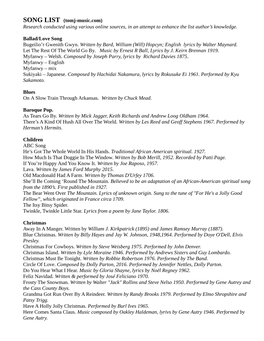 SONG LIST (Tomj-Music.Com) Research Conducted Using Various Online Sources, in an Attempt to Enhance the List Author’S Knowledge