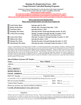 Hunting Pre-Registration Form – 2021 Camp Edwards Controlled Hunting Programs