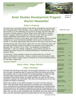 Asian Studies Development Program Alumni Newsletter Volume 10, Number 1