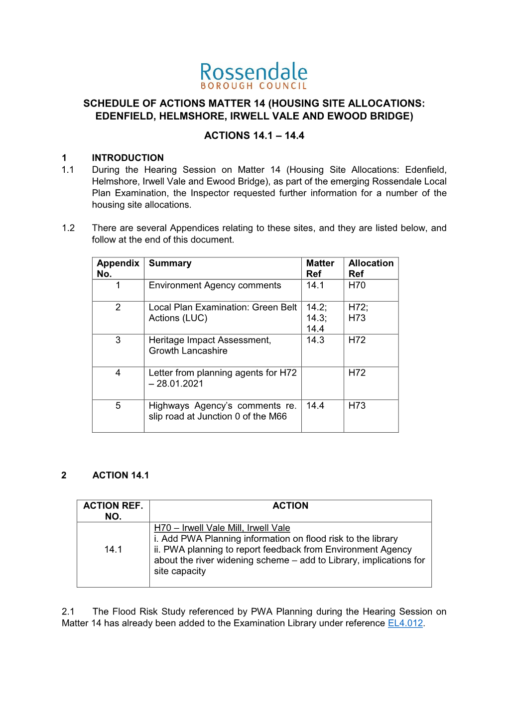 (Housing Site Allocations: Edenfield, Helmshore, Irwell Vale and Ewood Bridge) Actions 14.1 – 14.4