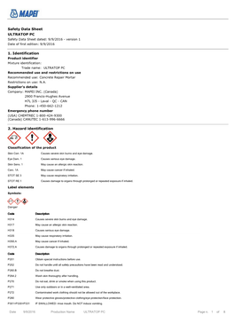 Safety Data Sheet ULTRATOP PC 1. Identification 2. Hazard Identification
