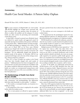 Health Care Serial Murder: a Patient Safety Orphan