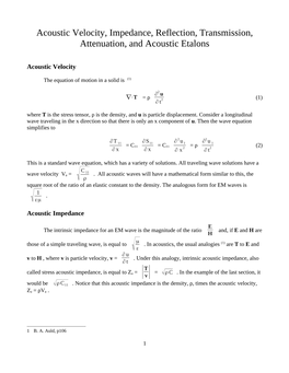 Acoustic Velocity, Impedance, Reflection, Transmission, Attenuation, and Acoustic Etalons