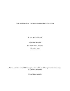 The Fin-De-Siècle Bohemian's Self-Division by John Brad Macdonald Department of English Mcgill Univers