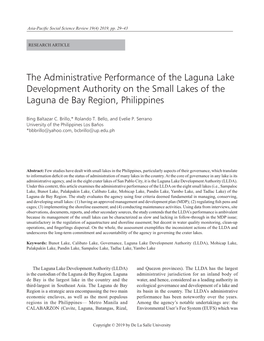 The Administrative Performance of the Laguna Lake Development Authority on the Small Lakes of the Laguna De Bay Region, Philippines