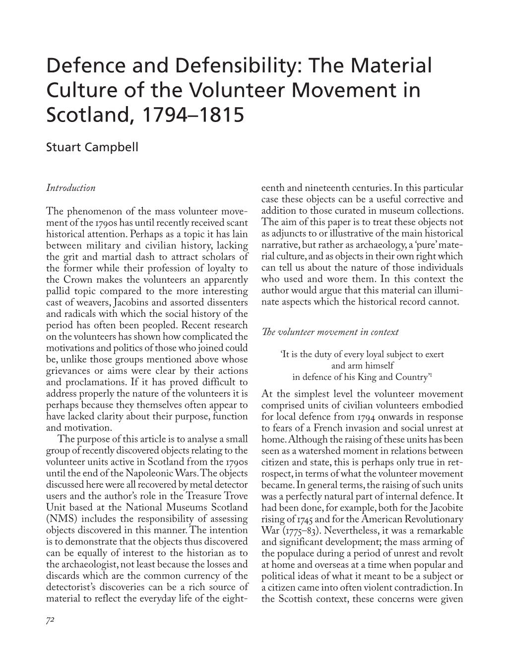 The Material Culture of the Volunteer Movement in Scotland, 1794-1815