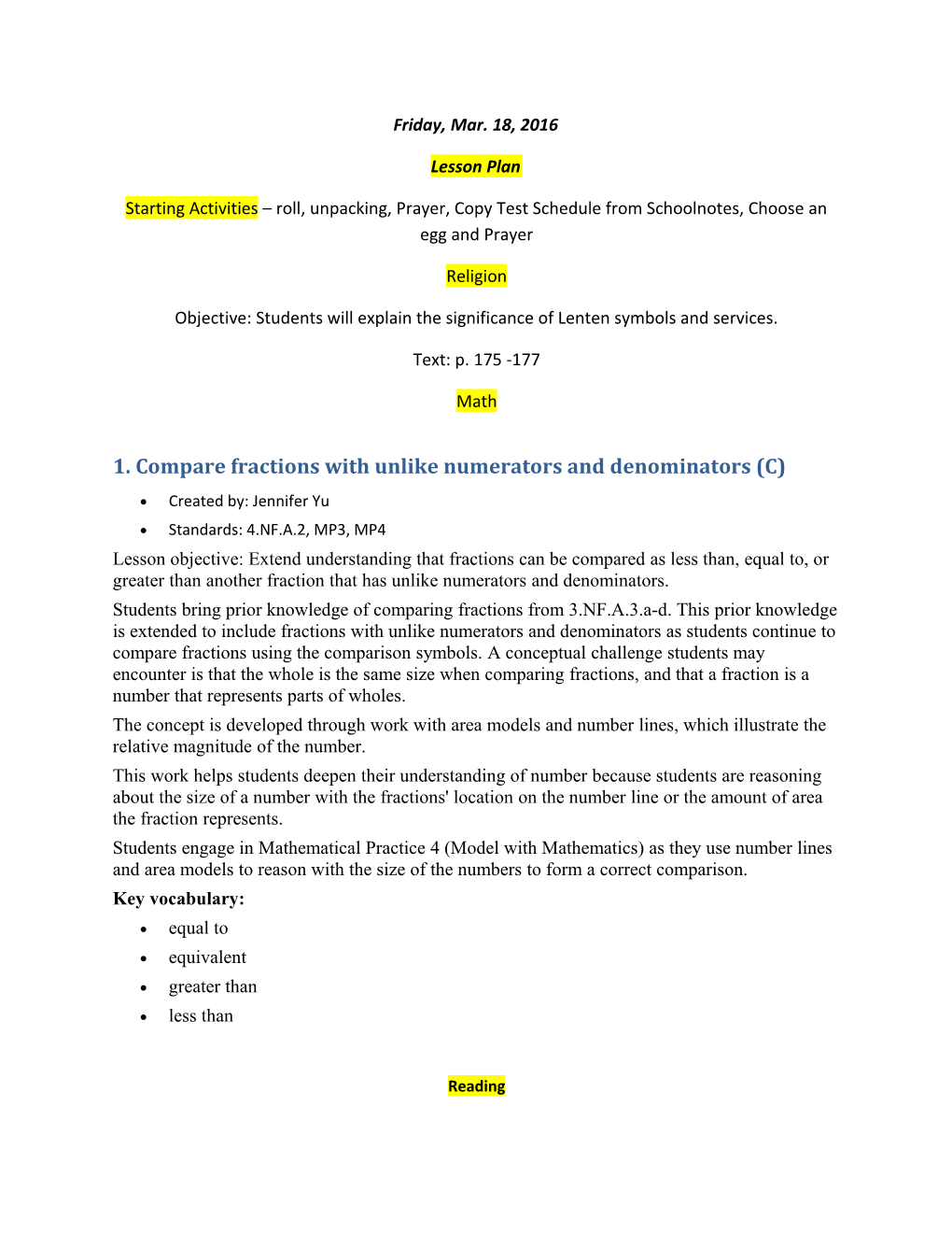 1. Compare Fractions with Unlike Numerators and Denominators (C)