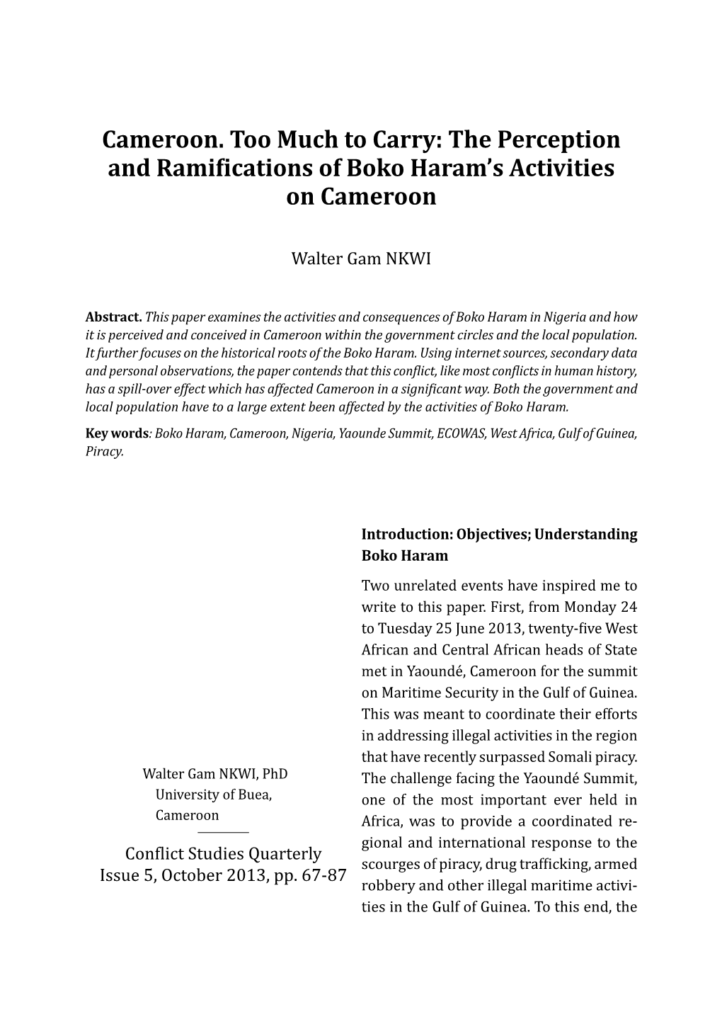 The Perception and Ramifications of Boko Haram's Activities on Cameroon